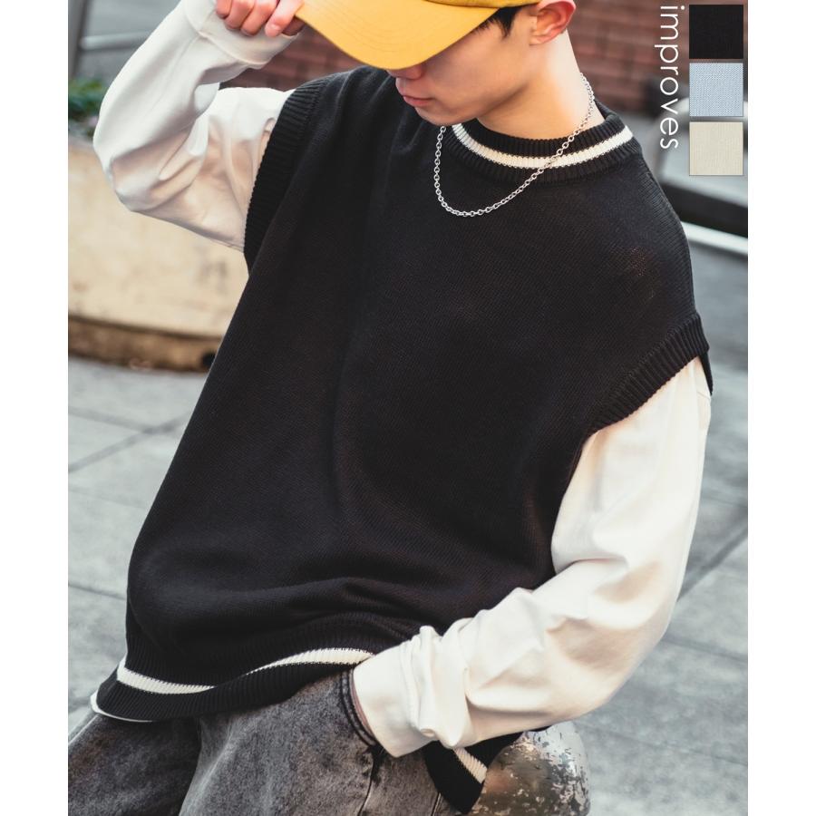 ニットベスト メンズ NULL ヌル チルデン クルーネック ライン テニス ニット ビッグサイズ オーバーサイズ 大きめ アメカジ カジュアル ストリート 韓国 | improves