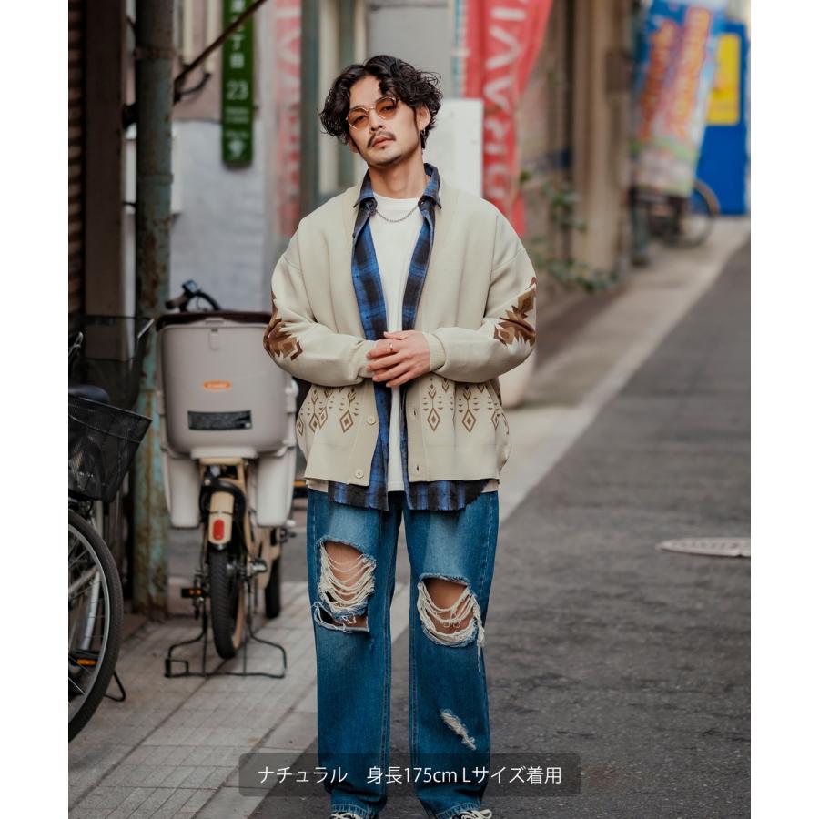 カーディガン メンズ  NULL ヌル ネイティブ柄 ニット Vネック ビッグサイズ オーバーサイズ 大きめ アメカジ カジュアル ストリート 韓国 | improves | 21