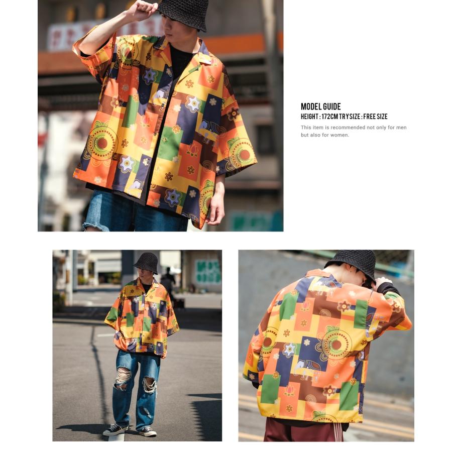 オープンカラーシャツ メンズ ルーズフィット 半袖シャツ 幾何学模様 総柄プリント 柄シャツ 開襟シャツ とろみ オーバーサイズ ビッグサイズ 大きめ ゆったり | improves | 09