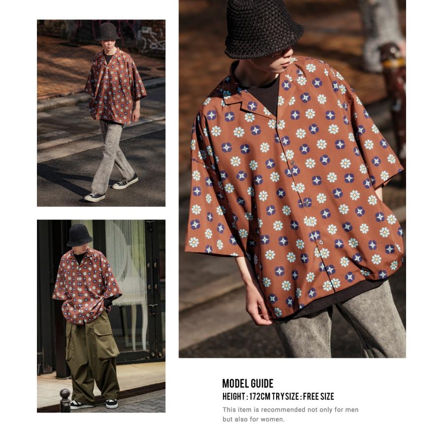 オープンカラーシャツ メンズ ルーズフィット 半袖シャツ 幾何学模様 総柄プリント 柄シャツ 開襟シャツ とろみ オーバーサイズ ビッグサイズ 大きめ ゆったり | improves | 11
