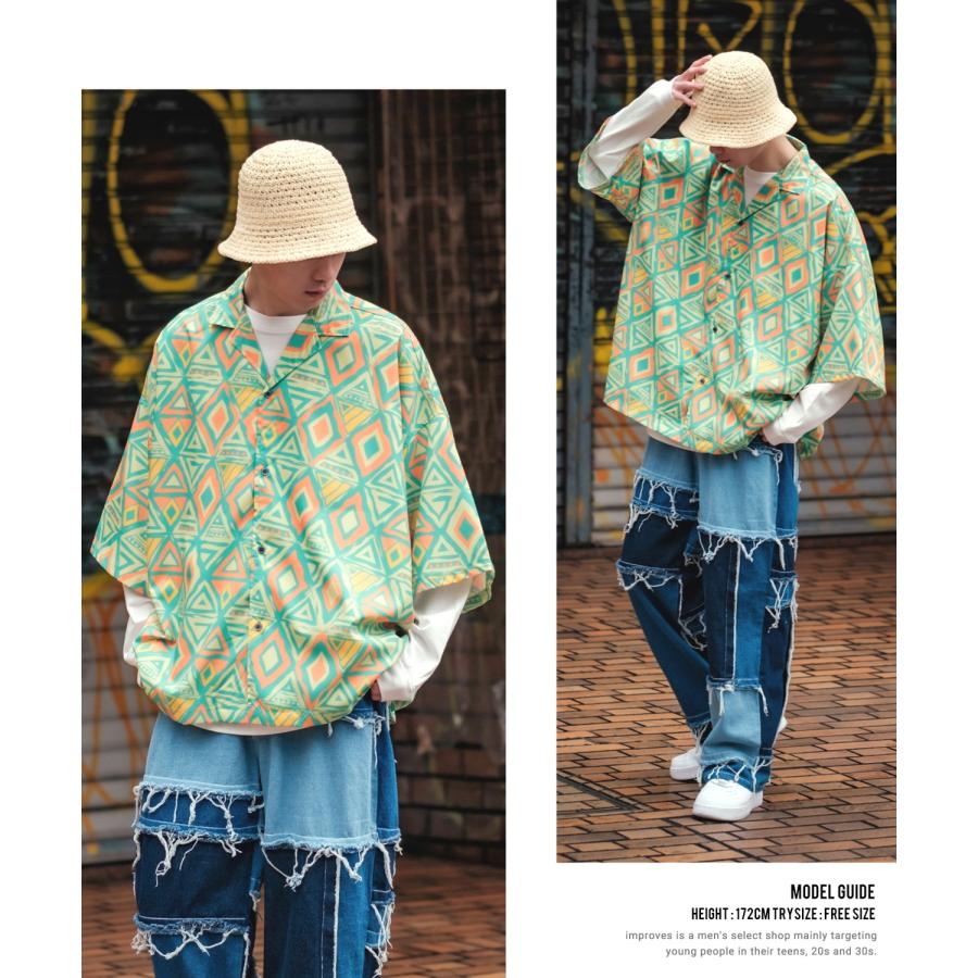 オープンカラーシャツ メンズ ルーズフィット 半袖シャツ 幾何学模様 総柄プリント 柄シャツ 開襟シャツ とろみ オーバーサイズ ビッグサイズ 大きめ ゆったり | improves | 15