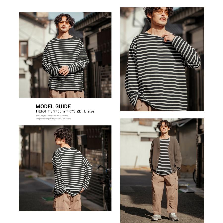 長袖Tシャツ メンズ ボートネック ボーダー ロンT バスクシャツ カットソー 大きいサイズ オーバーサイズ ビッグサイズ ゆったり カジュアル きれいめ シンプル | improves | 20