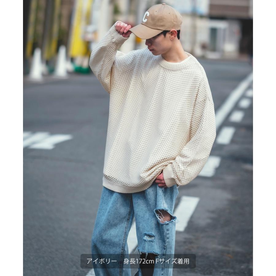 クルーネックニット メンズ NULL ヌル 透かし編み レース編み メッシュ ビッグサイズ オーバーサイズ きれいめ カジュアル シンプル ノームコア ナチュラル | improves | 10