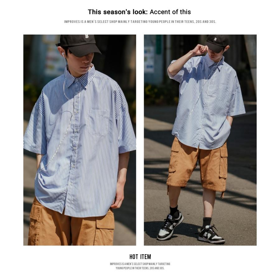 半袖シャツ メンズ NULL ヌル ストライプ レギュラーカラー 速乾 接触冷感 イージーケア ビッグサイズ オーバーサイズ 大きめ カジュアル ストリート | improves | 11