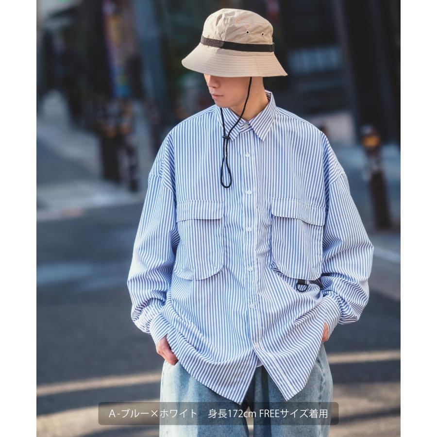 長袖シャツ メンズ NULL ヌル ストライプ ユーティリティー ワーク 速乾 接触冷感 イージーケア ビッグサイズ オーバーサイズ 大きめ カジュアル ストリート | improves | 03