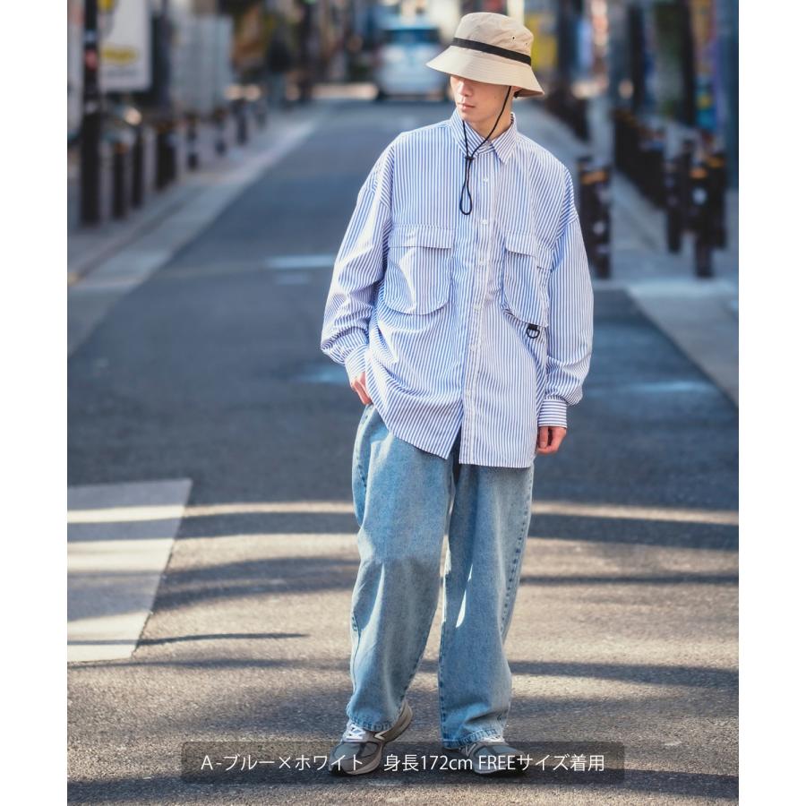 長袖シャツ メンズ NULL ヌル ストライプ ユーティリティー ワーク 速乾 接触冷感 イージーケア ビッグサイズ オーバーサイズ 大きめ カジュアル ストリート | improves | 04