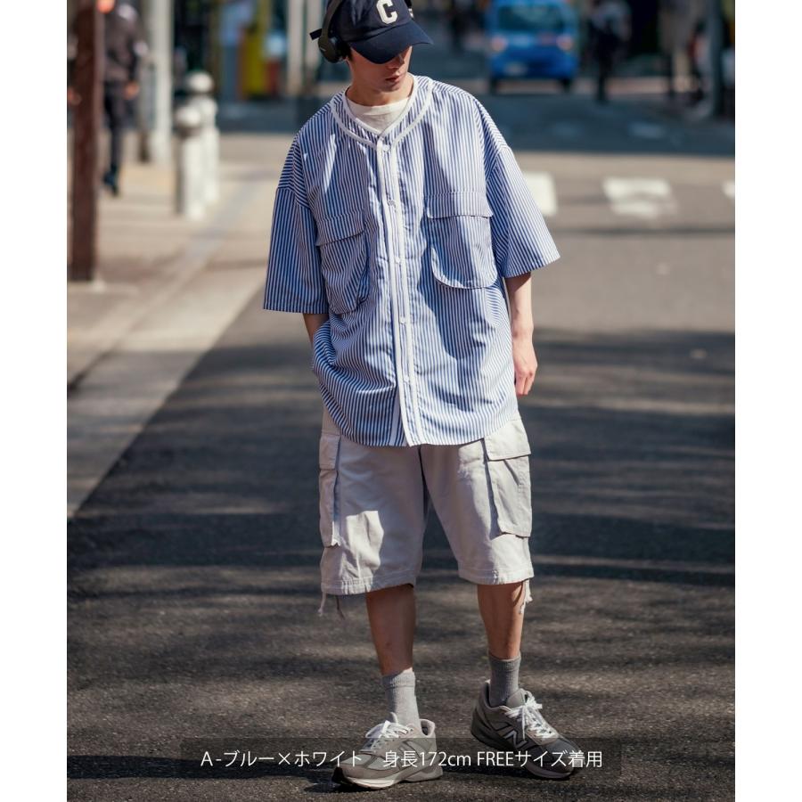 半袖シャツ メンズ NULL ヌル ストライプ ベースボールシャツ ノーカラーシャツ 速乾 接触冷感 イージーケア ビッグサイズ オーバーサイズ アメカジ ストリート | improves | 06
