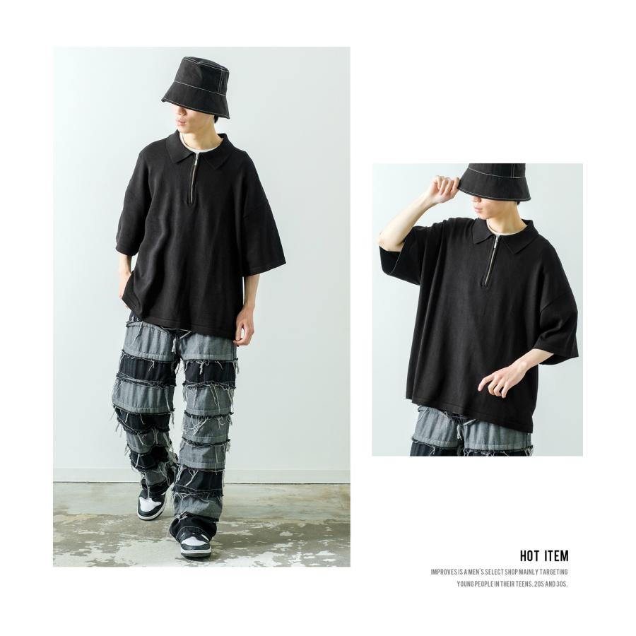 ポロシャツ メンズ NULL ヌル ニット ハーフジップ ZIP シャツ 半袖 無地 ビッグサイズ オーバーサイズ シンプル ベーシック 古着MIX ストリート スケーター | improves | 17