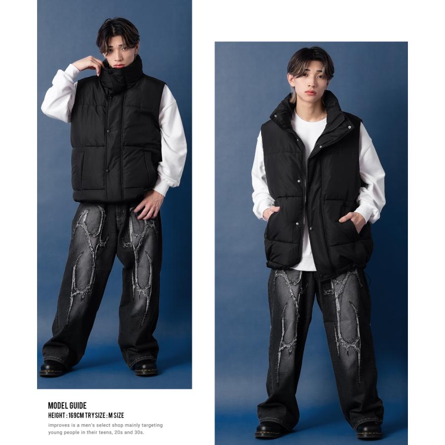 ダウンベスト メンズ UAU ワオ 中綿 フェイクダウン オーバーサイズ 大きめ カジュアル ストリート 韓国ファッション スケーター オフホワイト ブラック | improves | 08