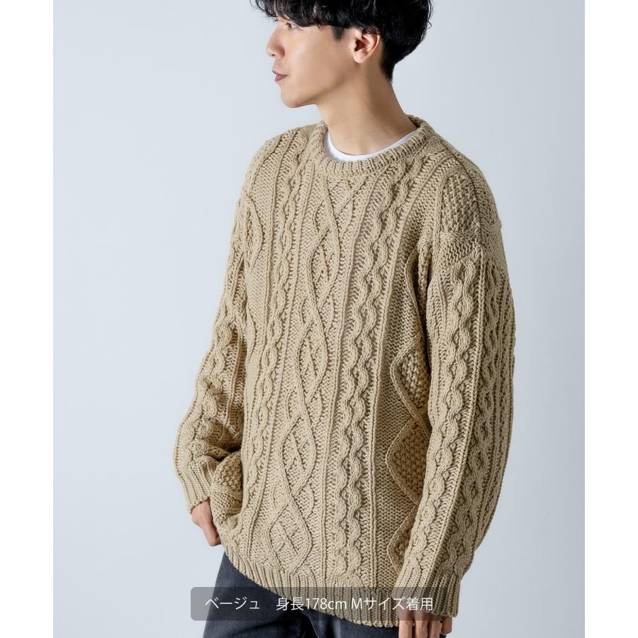 ニットセーター メンズ クルーネック アラン編み フィッシャーマンズ  
