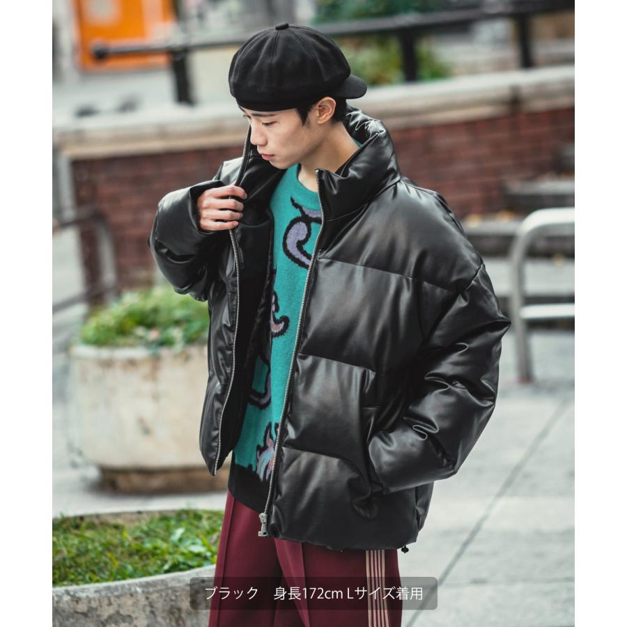 中綿スタンドレザーダウンジャケット メンズ コクーンシルエット 革 大きいサイズ ゆったり ビッグシルエット オーバーサイズ 韓国ファッション ストリート | improves | 02