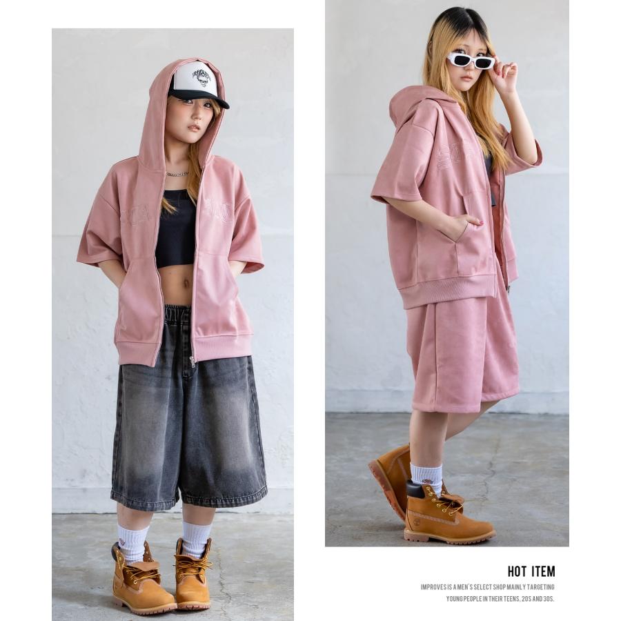 パーカー メンズ SIDEWAY STANCE サイドウェイスタンス スエードポンチ 半袖ジップパーカー アメカジ カジュアル スケーター ストリート 古着MIX 韓国 | improves | 17