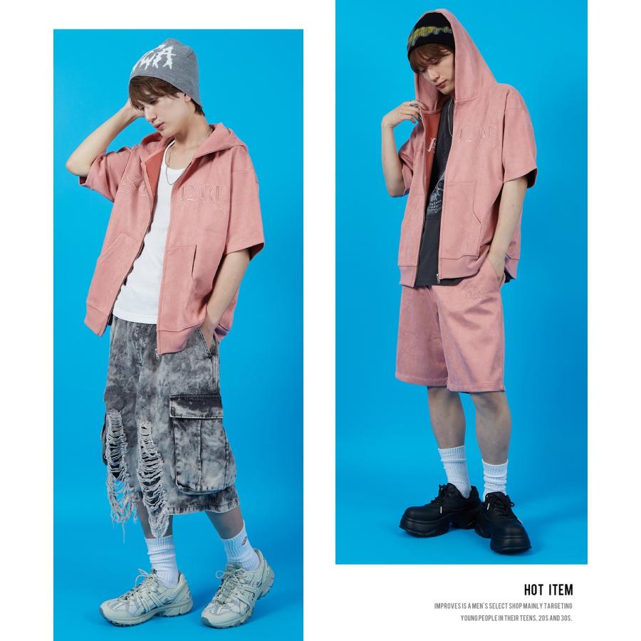 パーカー メンズ SIDEWAY STANCE サイドウェイスタンス スエードポンチ 半袖ジップパーカー アメカジ カジュアル スケーター ストリート 古着MIX 韓国 | improves | 19