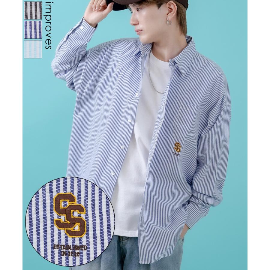 長袖シャツ メンズ サイドウェイスタンス ワンポイント ストライプシャツ 大きめ アメカジ カジュアル スケーター ストリート 古着MIX 韓国 | improves