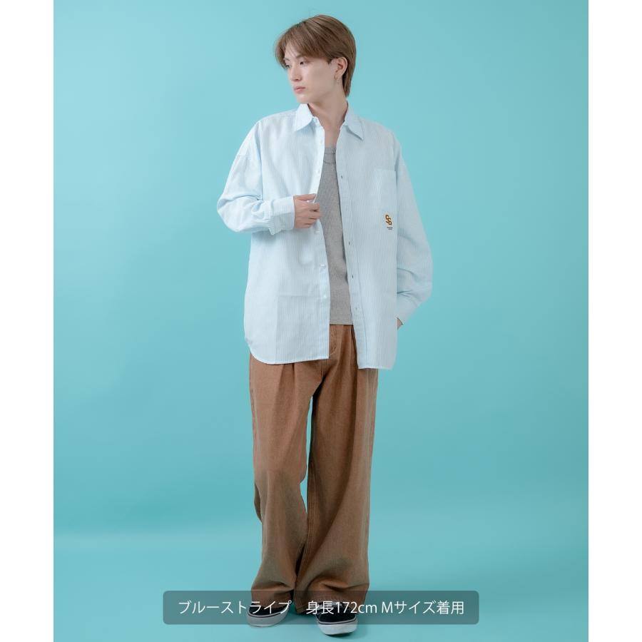 長袖シャツ メンズ サイドウェイスタンス ワンポイント ストライプシャツ 大きめ アメカジ カジュアル スケーター ストリート 古着MIX 韓国 | improves | 19