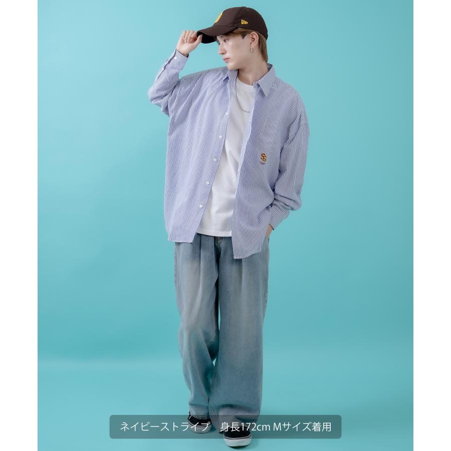 長袖シャツ メンズ サイドウェイスタンス ワンポイント ストライプシャツ 大きめ アメカジ カジュアル スケーター ストリート 古着MIX 韓国 | improves | 08