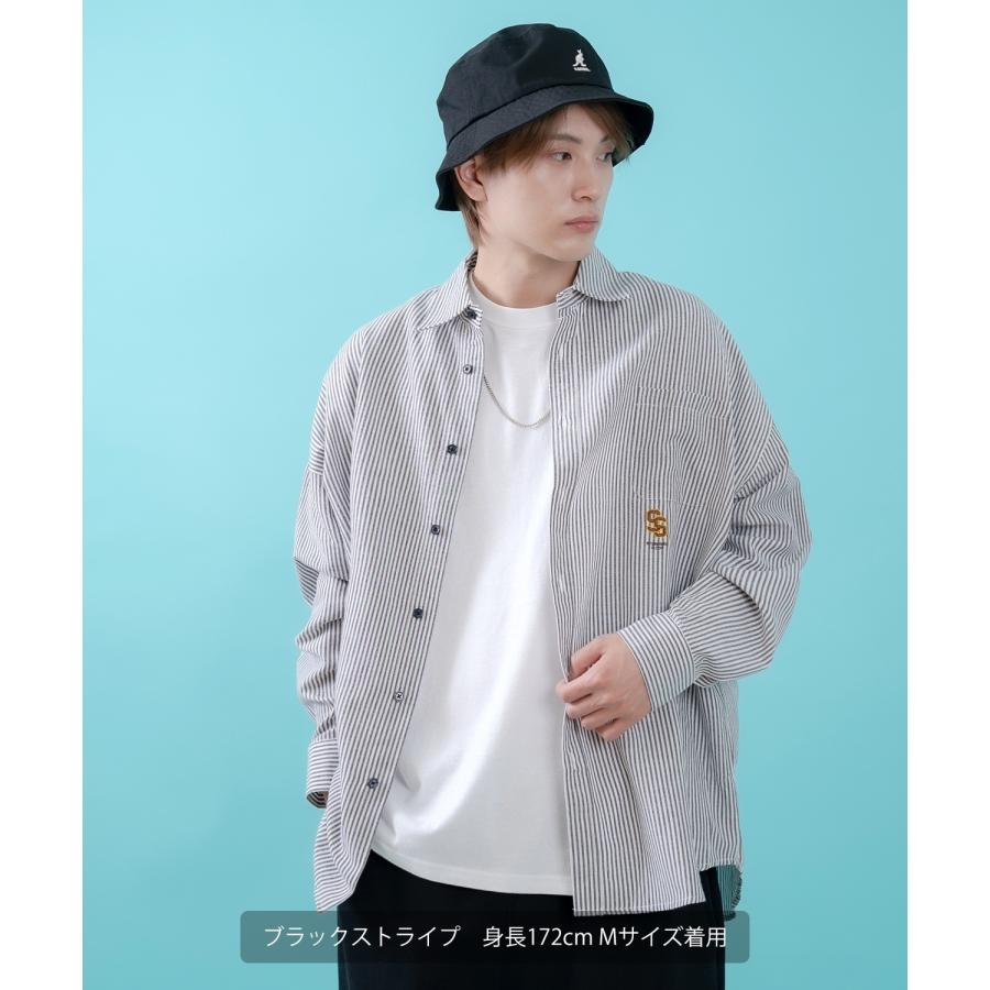 長袖シャツ メンズ サイドウェイスタンス ワンポイント ストライプシャツ 大きめ アメカジ カジュアル スケーター ストリート 古着MIX 韓国 | improves | 10