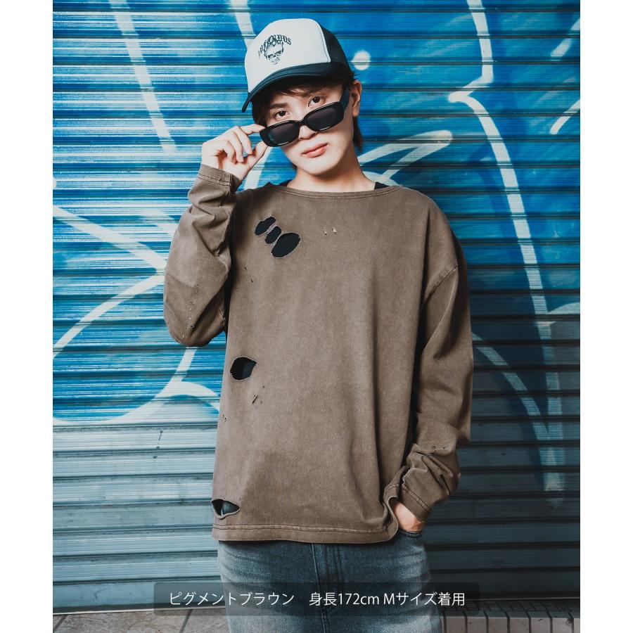 長袖Tシャツ 無地 メンズ レディース ピグメント加工 長袖 グランジTシャツ ダメージ加工 ロンT カットソー アメカジ Y2K ストリート 古着MIX 韓国 | improves | 14