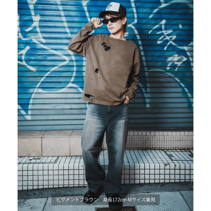 長袖Tシャツ 無地 メンズ レディース ピグメント加工 長袖 グランジTシャツ ダメージ加工 ロンT カットソー アメカジ Y2K ストリート 古着MIX 韓国 | improves | 17