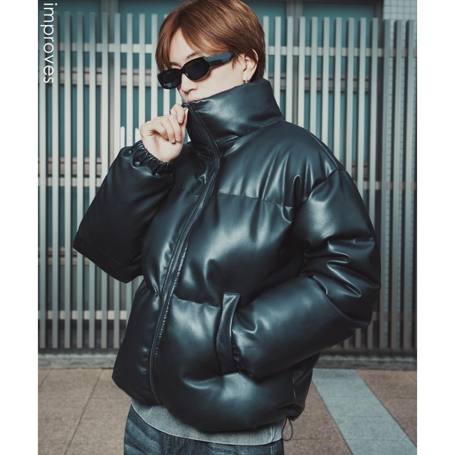 ダウンジャケット メンズ シンセティックレザー PUレザー 合成皮革 中綿 ショートペディン ブルゾン アメカジ カジュアル ロック モード 韓国ファッション | improves