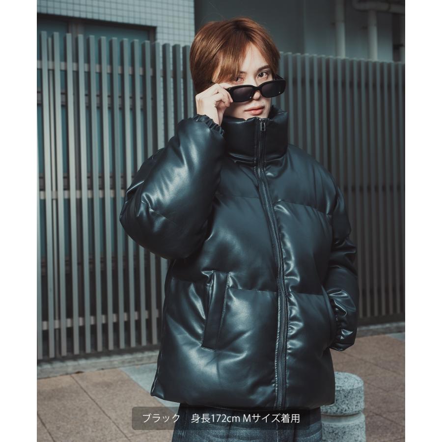 ダウンジャケット メンズ シンセティックレザー PUレザー 合成皮革 中綿 ショートペディン ブルゾン アメカジ カジュアル ロック モード 韓国ファッション | improves | 02