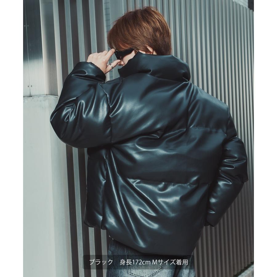 ダウンジャケット メンズ シンセティックレザー PUレザー 合成皮革 中綿 ショートペディン ブルゾン アメカジ カジュアル ロック モード 韓国ファッション | improves | 05