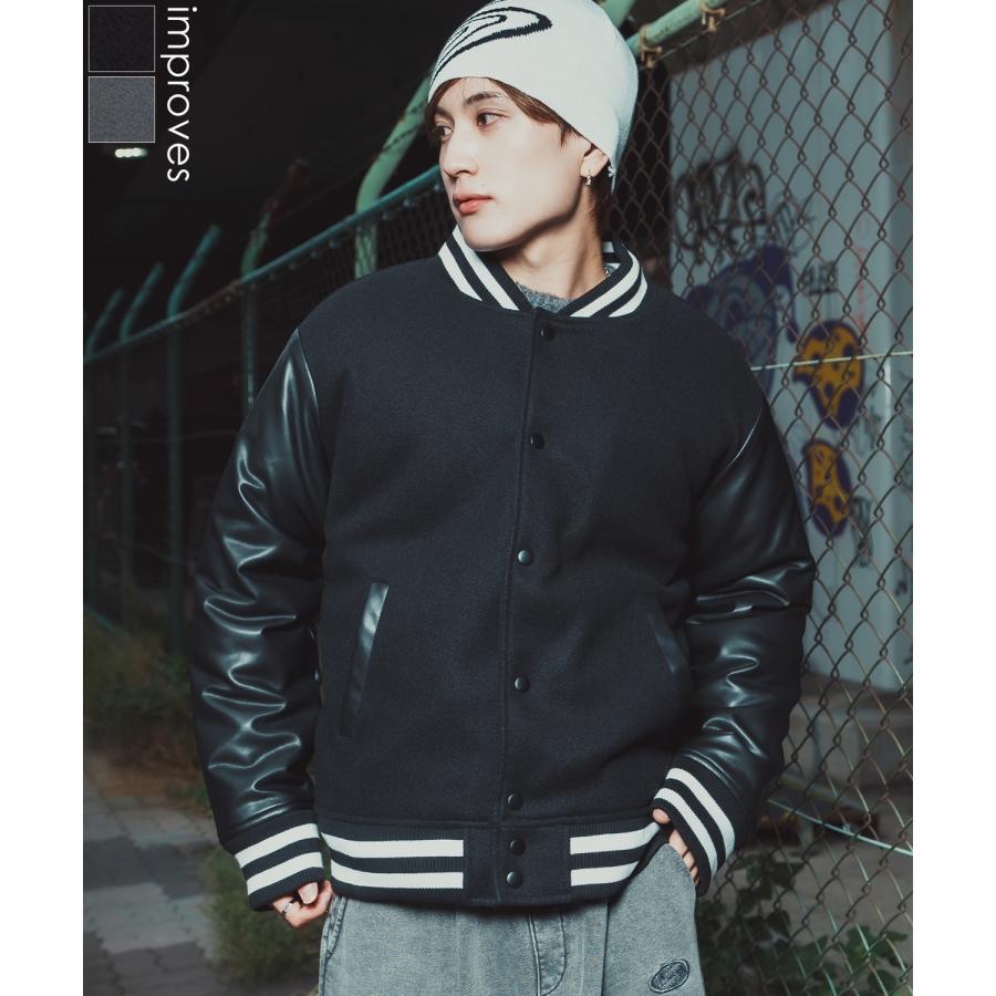 ブルゾン メンズ メルトン PUレザー スタジャン スタジアムジャンパー アメカジ カジュアル スケーター ストリート Y2K 90s 古着MIX 韓国ファッション | improves