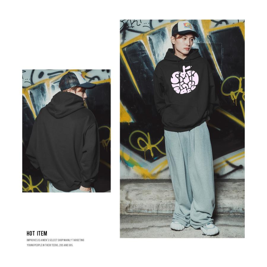 パーカー メンズ レディース メンズ レディース ビッグシルエット タイポアップル 裏毛 リンゴロゴ ビッグシルエット ストリート系 オーバーサイズ 古着MIX 韓国 | improves | 20