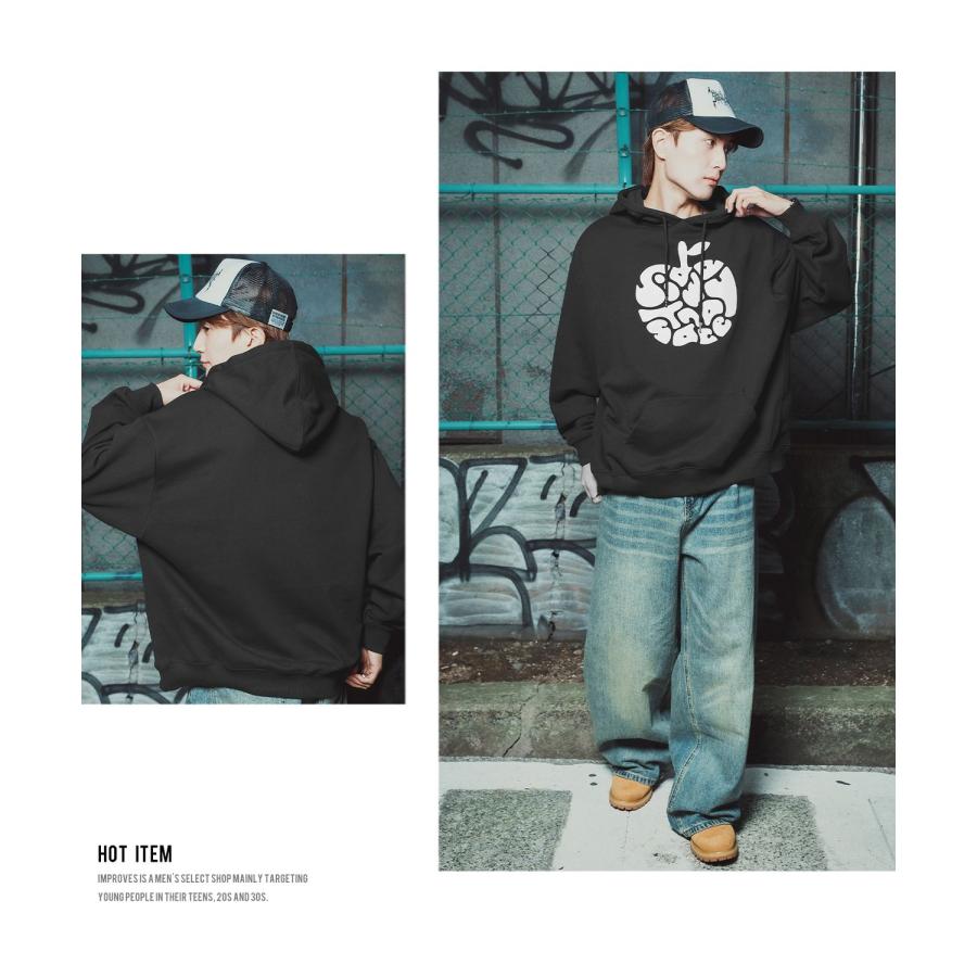 パーカー メンズ レディース メンズ レディース ビッグシルエット タイポアップル 裏毛 リンゴロゴ ビッグシルエット ストリート系 オーバーサイズ 古着MIX 韓国 | improves | 24