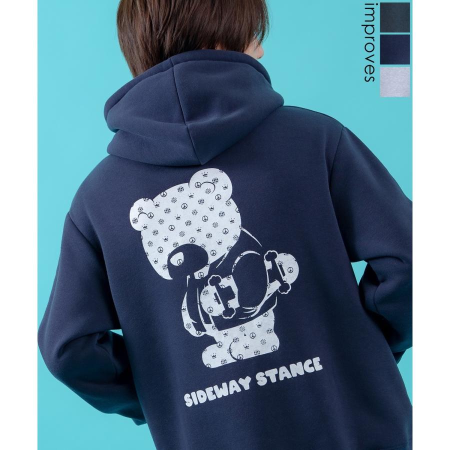 プルオーバーパーカー メンズ レディース 裏起毛 モノグラム ダウナーベア SIDEWAY STANCE スケーター ストリート ビッグシルエット プリント フーディー | improves