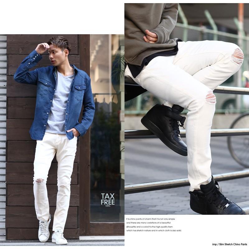 チノパン メンズ ボトムス スキニー スリム ストレッチ ダメージ ミリタリー ホワイト ブラック 白 黒 | improves | 09