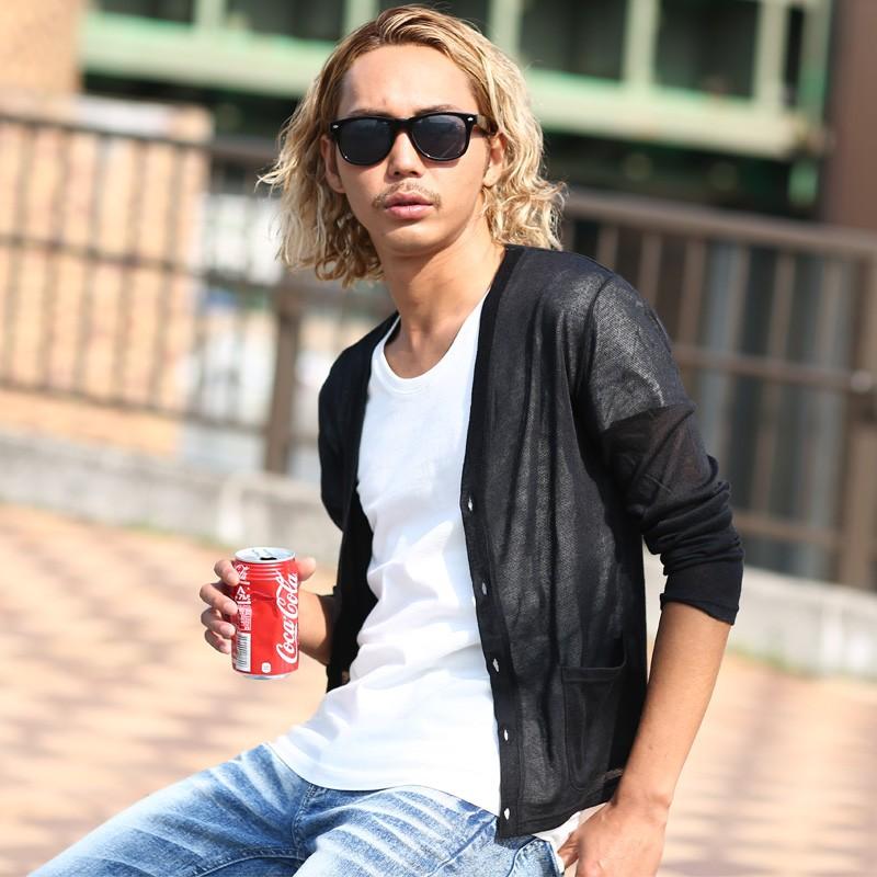 サマーカーディガン メンズ サマーニット 薄手 透け シースルー 長袖 無地 トップス | improves | 10