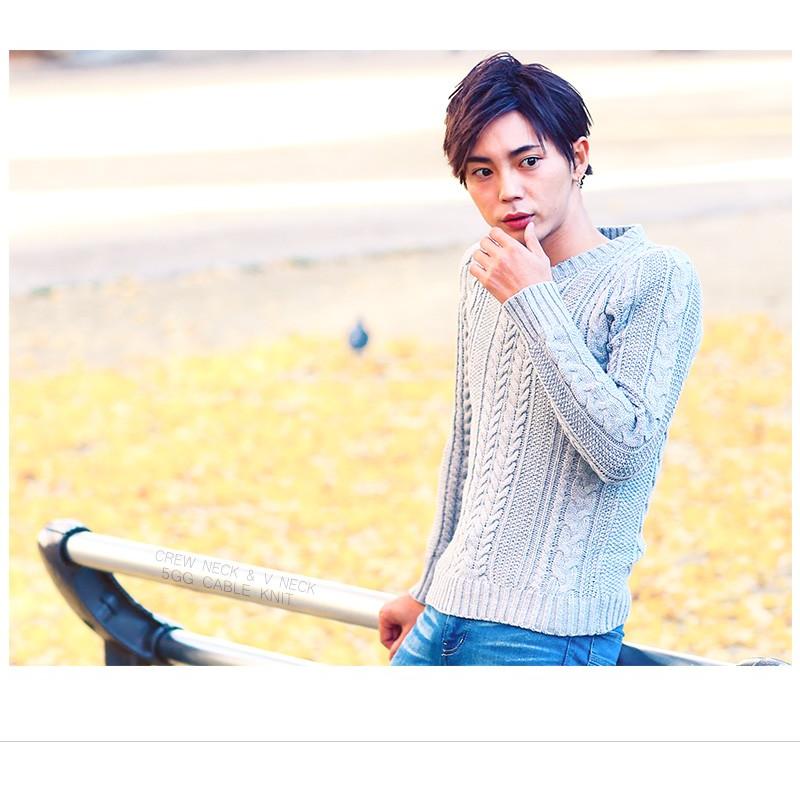 ニット メンズ ケーブル編み セーター 無地 Vネック クルーネック フィッシャーマン ボーダー トップス | improves | 05