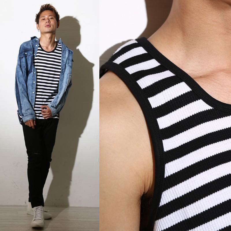 サーマル ボーダー ロング丈タンクトップ タンクトップ メンズ  ノースリーブ トップス | improves | 07