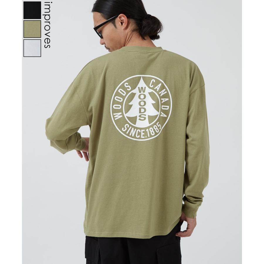 長袖Tシャツ メンズ WOODS別注 ウッズ ロンT カットソー  ビッグシルエット アウトドア カジュアル アメカジ ブラック ホワイト カーキ | improves
