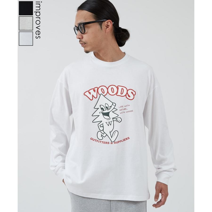 長袖Tシャツ メンズ WOODS別注 ウッズ ロンT カットソー  ビッグシルエット アウトドア カジュアル アメカジ ブラック ホワイト オートミール | improves