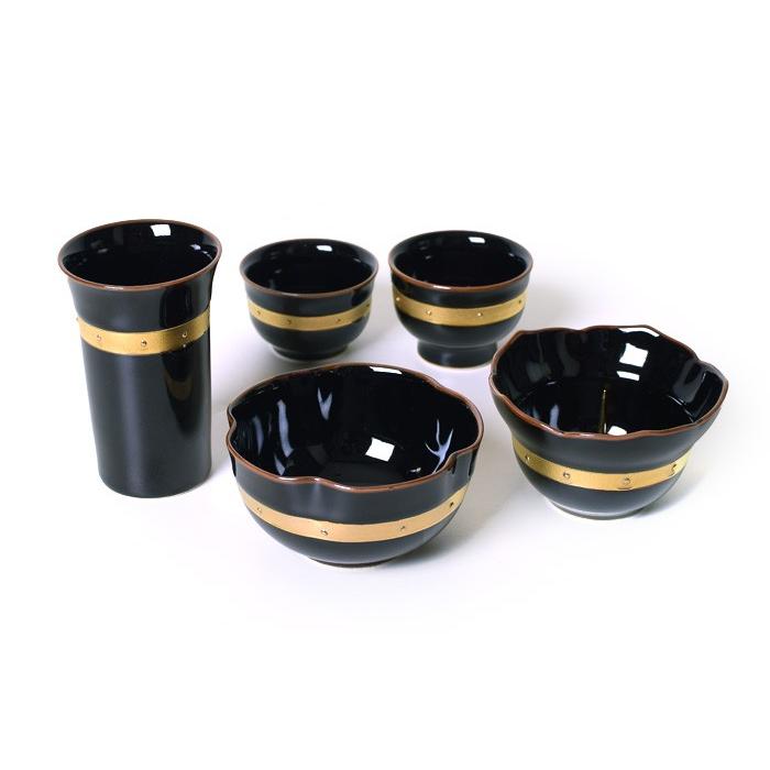 有田焼 仏具 5点 セット 遊器浪漫 黒 金ライン 花立 火立 香炉 茶湯器