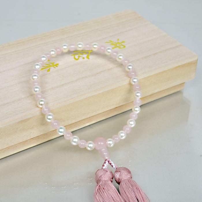 数珠 女性用 本真珠 ローズクォーツ 灰桜 正絹房 美しい 真珠の 略式