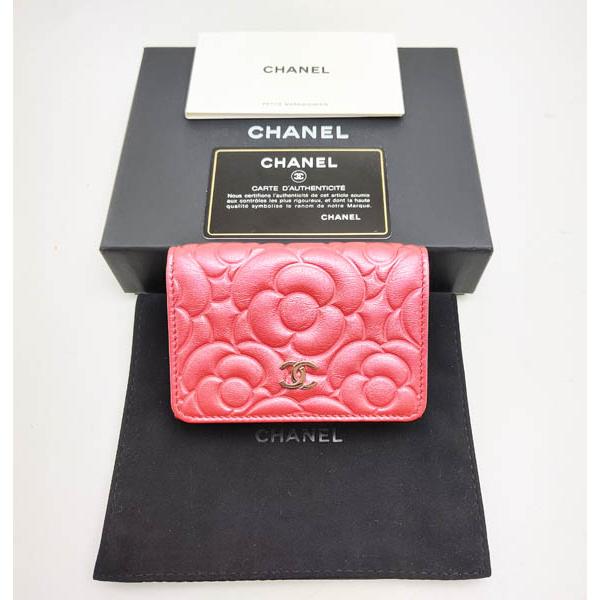 CHANEL 中古品 シャネル カメリア スモールフラップウォレット ピンク 