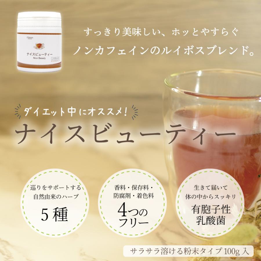 ダイエット茶 ダイエット ノンカフェイン ダイエットティー 粉末 ルイボス ハーブ 生姜 サラシア 美味しい 国産 ナイスビューティー 粉末100g｜inatura｜02