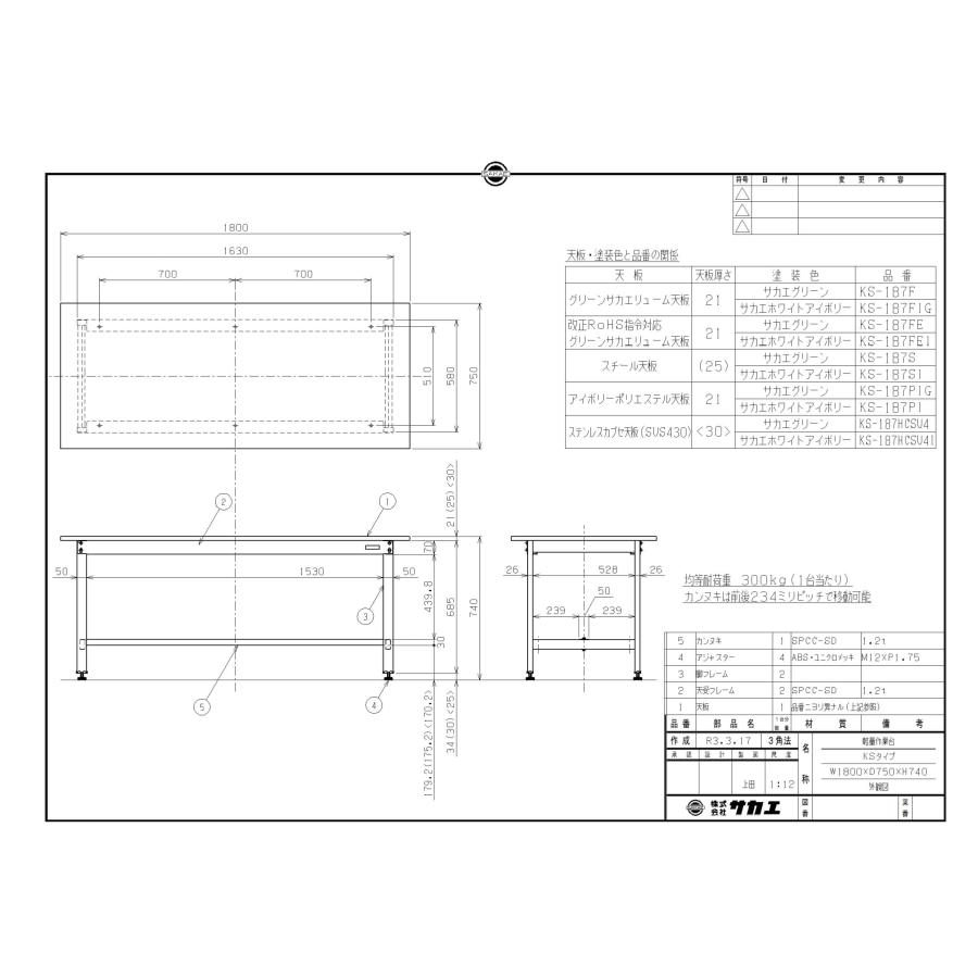 【固定式】【サカエ】軽量作業台KSタイプ KS-187F 幅W1800×奥行D750×高さH740(mm)/業務用/新品/送料無料_2