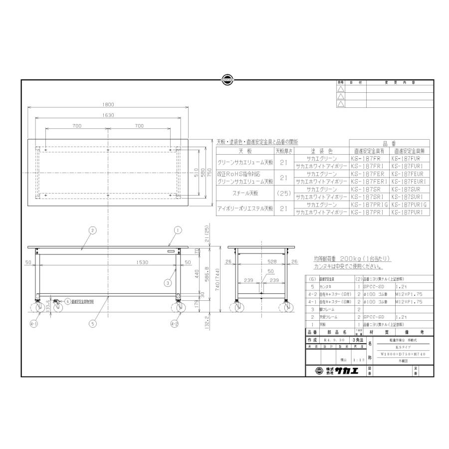 【移動式】【サカエ】軽量作業台KSタイプ(移動式・直進安定金具無し) KS-187SURI 幅W1800×奥行D750×高さH740(mm)/業務用/新品/送料無料