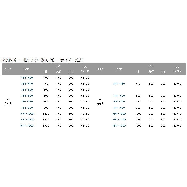 KP1-400,KPC1-400 【組立式/東製作所】 一槽シンク 幅400×奥行450×高さ