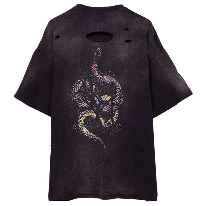 KMY SNAKE Distressed Tee KAMIYA カミヤ G14TS080 tシャツ メンズ レディース 半袖 おしゃれ 可愛い かわいい ブランド 綿 綿100％ ゆったり 大きいサイズ カジュアル スネーク 蛇 プリント ダメージ加工 ヴィンテージ風 ブラック 黒 2025 春 春夏 夏 KAMIYA 【SALE セール】カミヤ KAMIYA KMY SNAKE Distressed Tee black