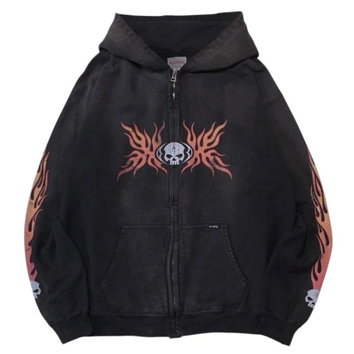 くろかみ KAMIYA 【SALE セール】カミヤ KAMIYA Skull Flame Zip Hoodie black