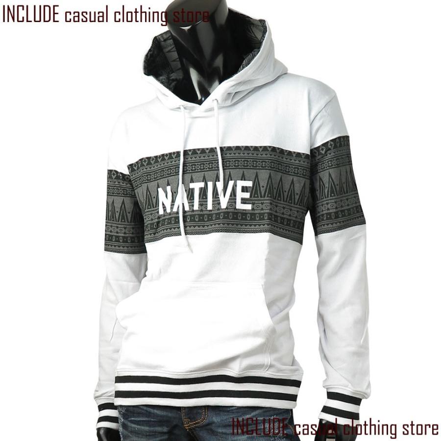 ガーゼ裏毛 プルパーカー ネイティブ柄 トレーナー スウェット 長袖パーカー 長袖 パーカー 白 M 送料込 | 