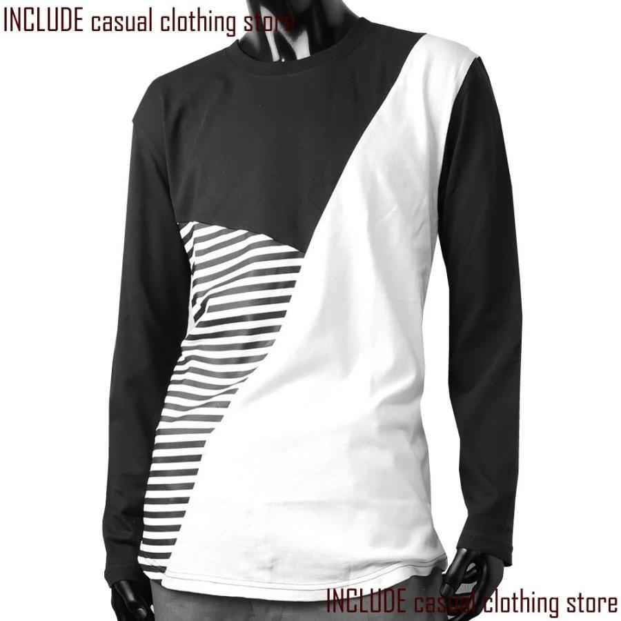 長袖Tシャツ クルーネック ロンＴ 切替 ４パネル ボーダー ジオメ モード黒 M 送料込クリックポスト | 
