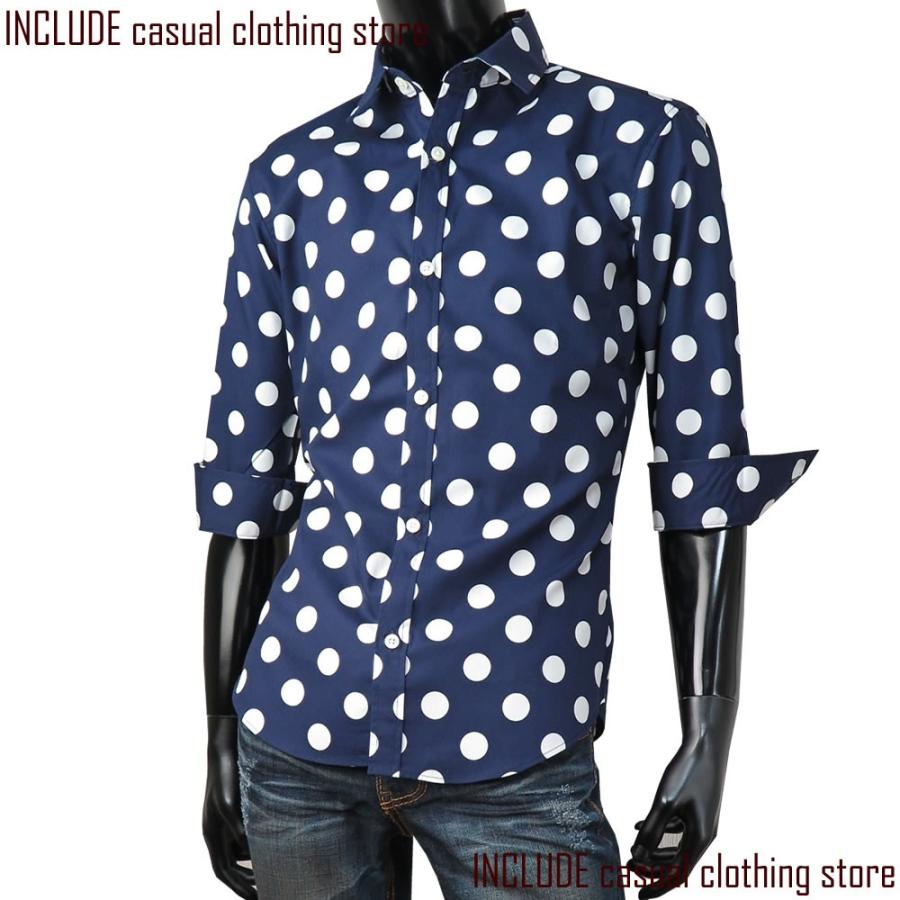 七分袖シャツ はんぱ袖 ドット柄 水玉 柄シャツ 大きめドット日本製 ブロード 長袖 ドレスシャツ シャツ M L LL 3L |  | 01