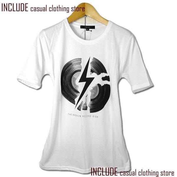 ディスク雷プリントUネック半袖Tシャツメンズ白 M 送料込 クリックポスト | 