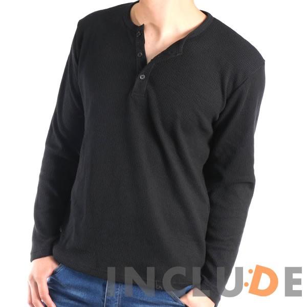 ヘンリーネック ワッフル ロングTシャツ　サーマル ロンＴ 長袖Tシャツ 起毛 スムース カットソー 黒 白グレー |  | 01